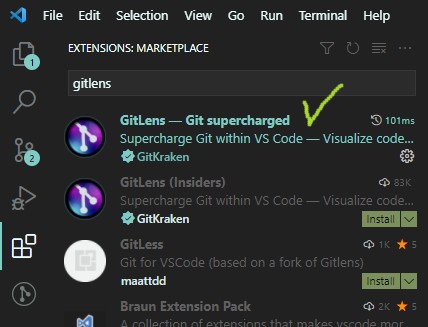 vscode의 확장프로그램 탭에서 gitlens를 검색한 화면