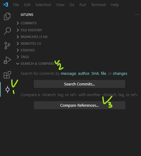 좌측 깃렌즈 아이콘 탭 클릭 후 SEARCH & COMPARE 탭 클릭해서 나오는 Compare Reference 버튼 클릭하여 브랜치 비교를 시작한다.