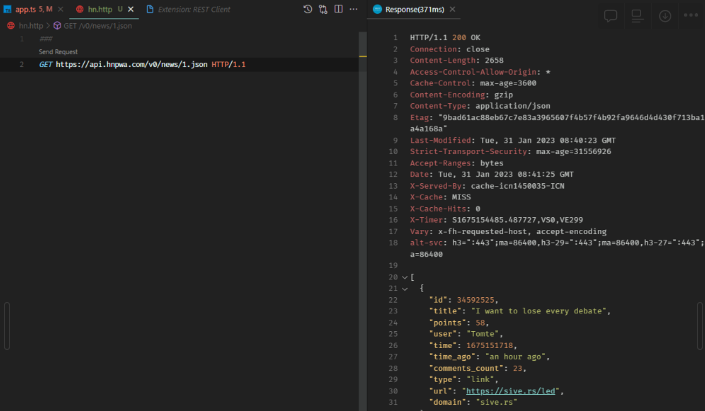 vscode extension - REST Client 실행 화면