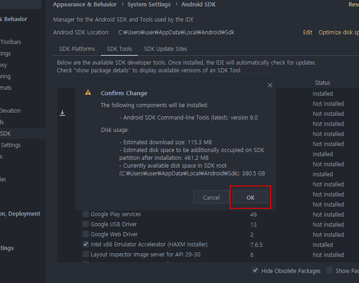 Android Studio Confirm Change popup