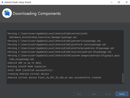 Android Studio Setup Wizard - Downloading Components - finish download