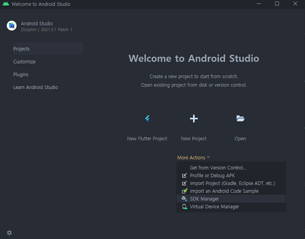 click more actions dropdown on Android Studio Projects Menu